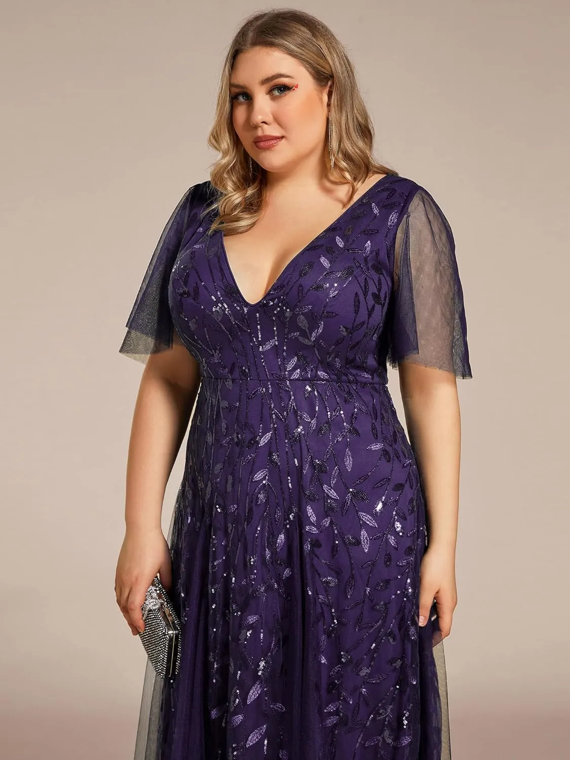 Ever-Pretty Womens Plus Size V-Neck Sequin Emboridery Formal Evening Dresses with Sleeves 00736-DA