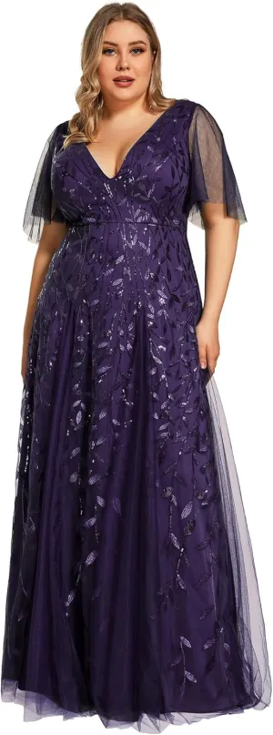 Ever-Pretty Womens Plus Size V-Neck Sequin Emboridery Formal Evening Dresses with Sleeves 00736-DA