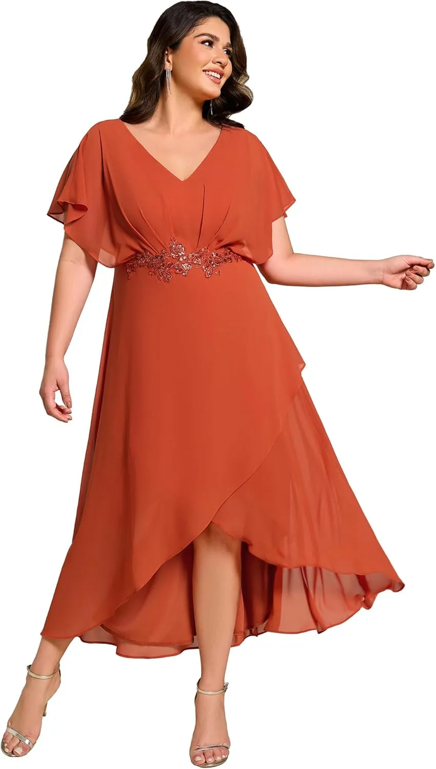 Ever-Pretty Women's Plus V Neck Applique Short Sleeves Maxi Formal Wedding Guest Dress