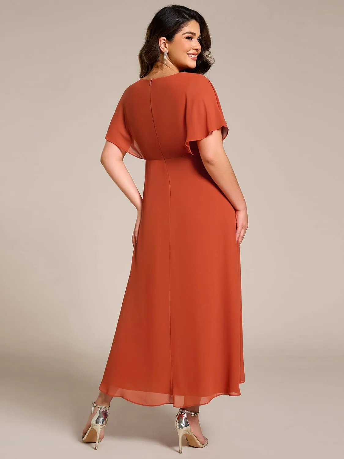 Ever-Pretty Women's Plus V Neck Applique Short Sleeves Maxi Formal Wedding Guest Dress