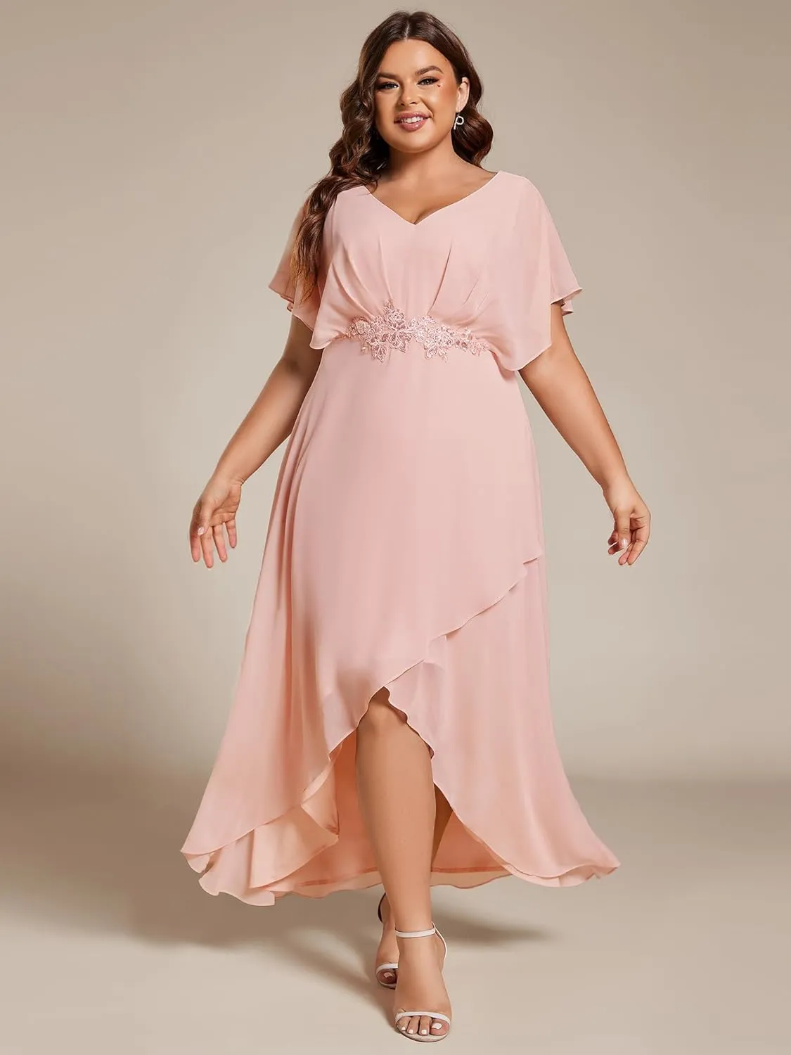 Ever-Pretty Women's Plus V Neck Applique Short Sleeves Maxi Formal Wedding Guest Dress