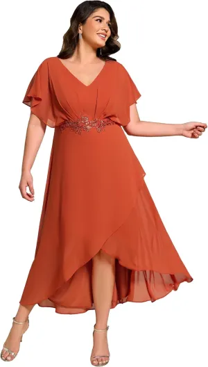 Ever-Pretty Women's Plus V Neck Applique Short Sleeves Maxi Formal Wedding Guest Dress