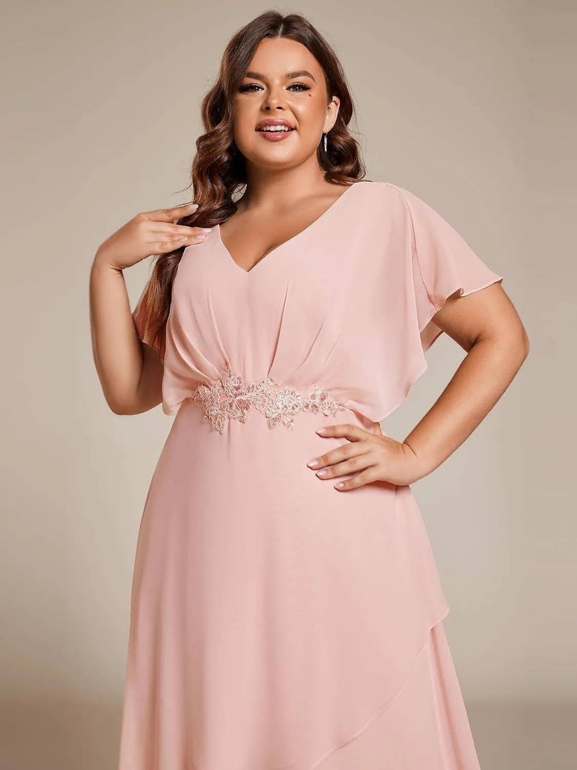 Ever-Pretty Women's Plus V Neck Applique Short Sleeves Maxi Formal Wedding Guest Dress