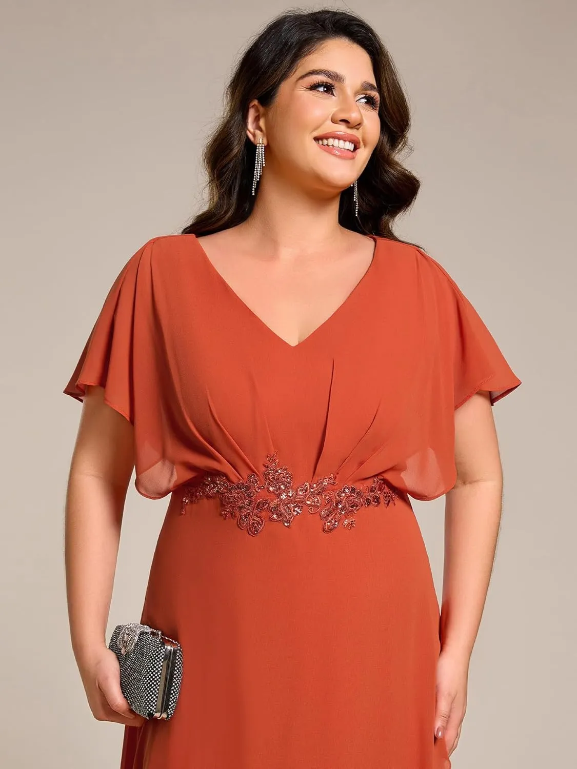 Ever-Pretty Women's Plus V Neck Applique Short Sleeves Maxi Formal Wedding Guest Dress