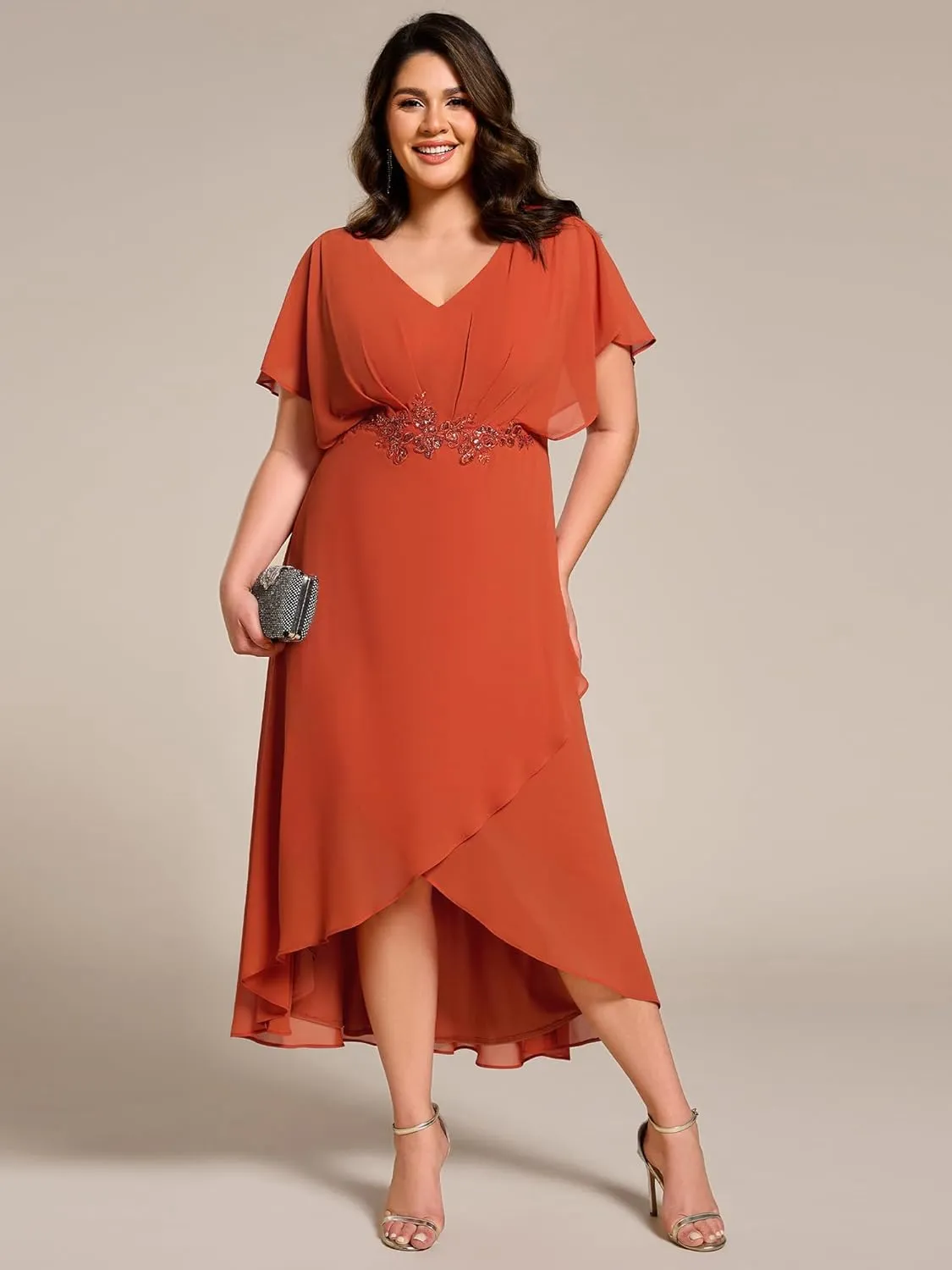 Ever-Pretty Women's Plus V Neck Applique Short Sleeves Maxi Formal Wedding Guest Dress