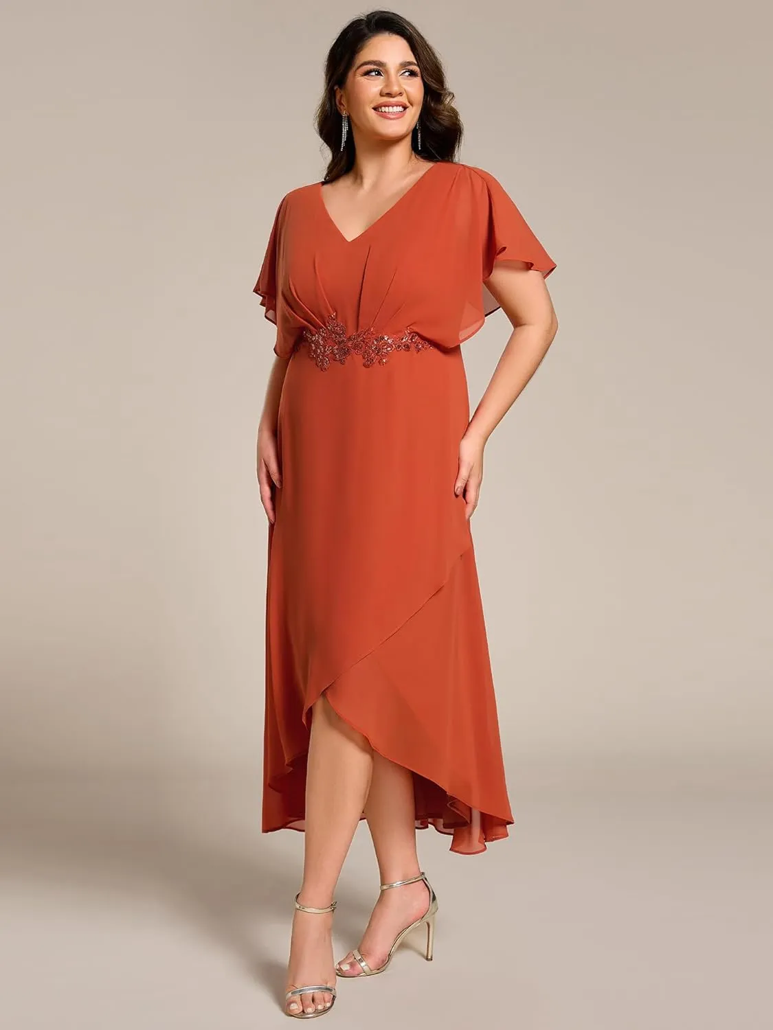 Ever-Pretty Women's Plus V Neck Applique Short Sleeves Maxi Formal Wedding Guest Dress