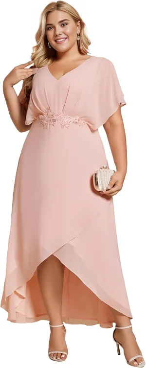 Ever-Pretty Women's Plus V Neck Applique Short Sleeves Maxi Formal Wedding Guest Dress