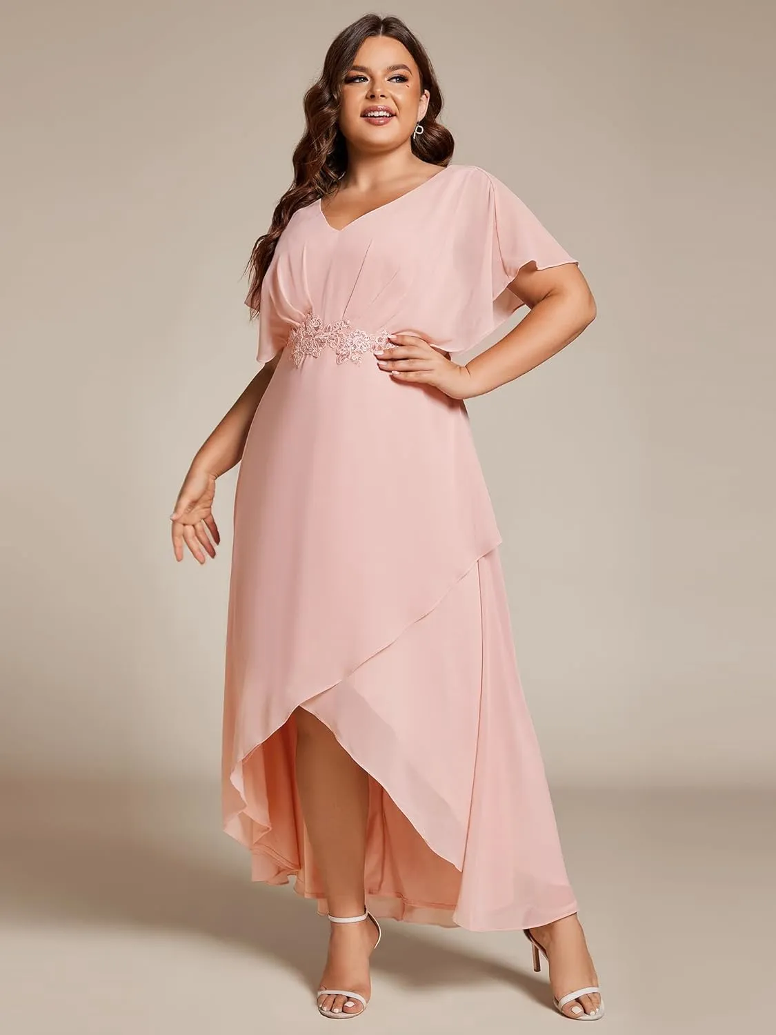 Ever-Pretty Women's Plus V Neck Applique Short Sleeves Maxi Formal Wedding Guest Dress