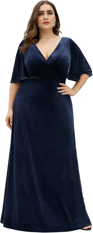 Ever-Pretty Women's Retro V-Neck Ruffles Sleeves A-line Velvet Maxi Winter Plus Size Formal Dress 00861-DA
