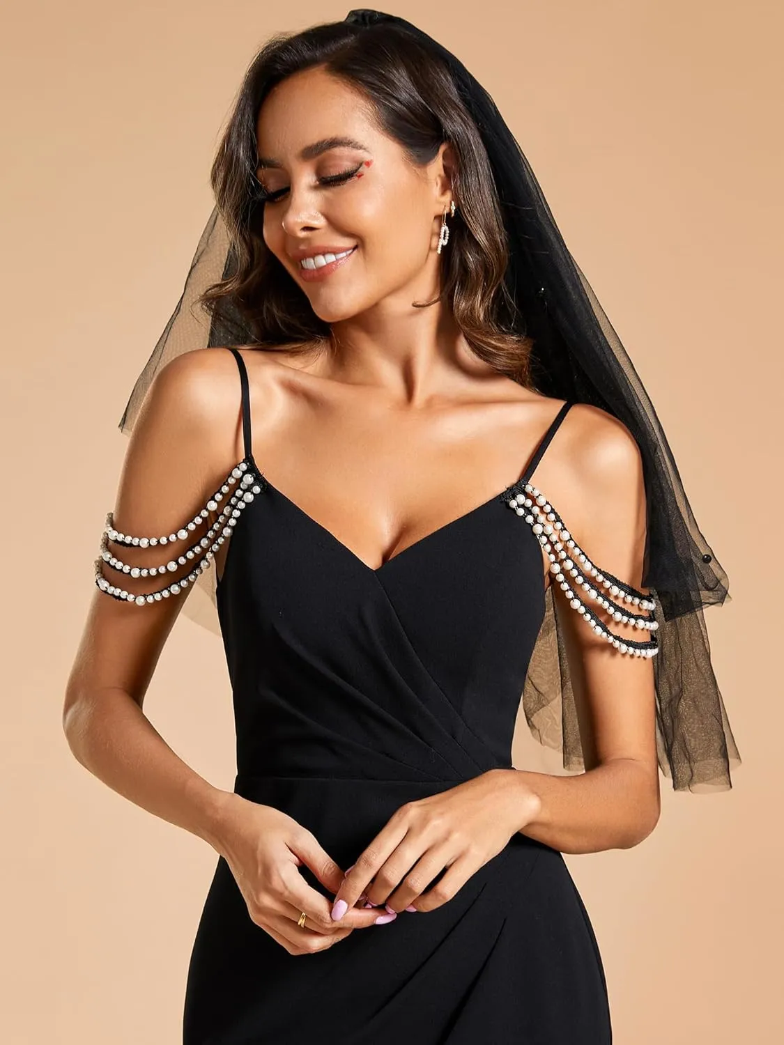 Ever-Pretty Women's Ruched Pearl Chain Cold Shoulder Bodycon Mermaid Wedding Dress 01859