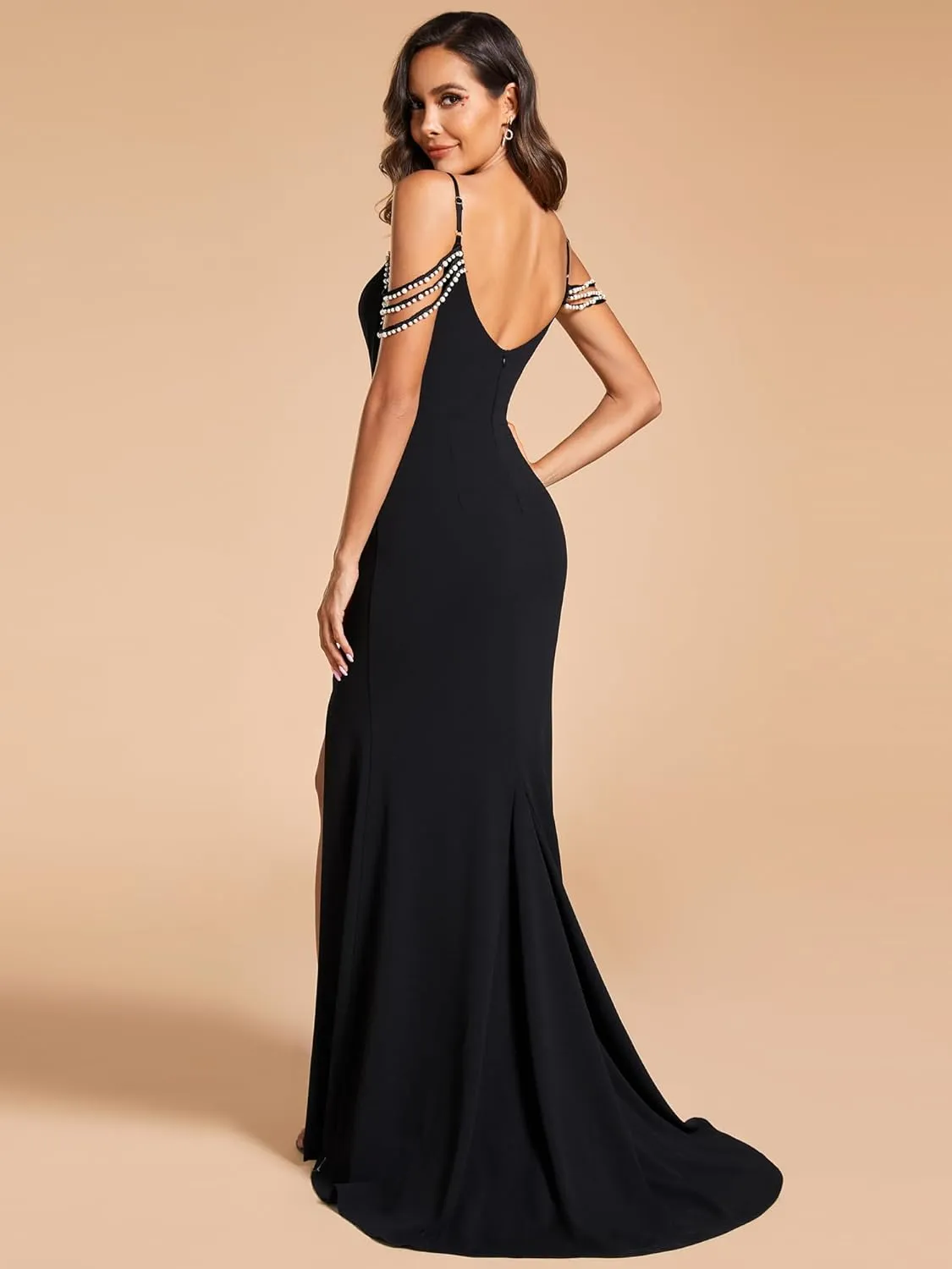 Ever-Pretty Women's Ruched Pearl Chain Cold Shoulder Bodycon Mermaid Wedding Dress 01859
