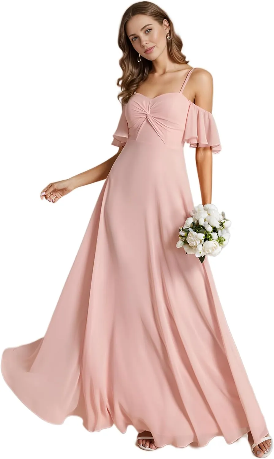 Ever-Pretty Women's Ruffle Sleeve Bridemaid Dress Off Shoulder Pleated A Line Chiffon Long Formal Dress 02013