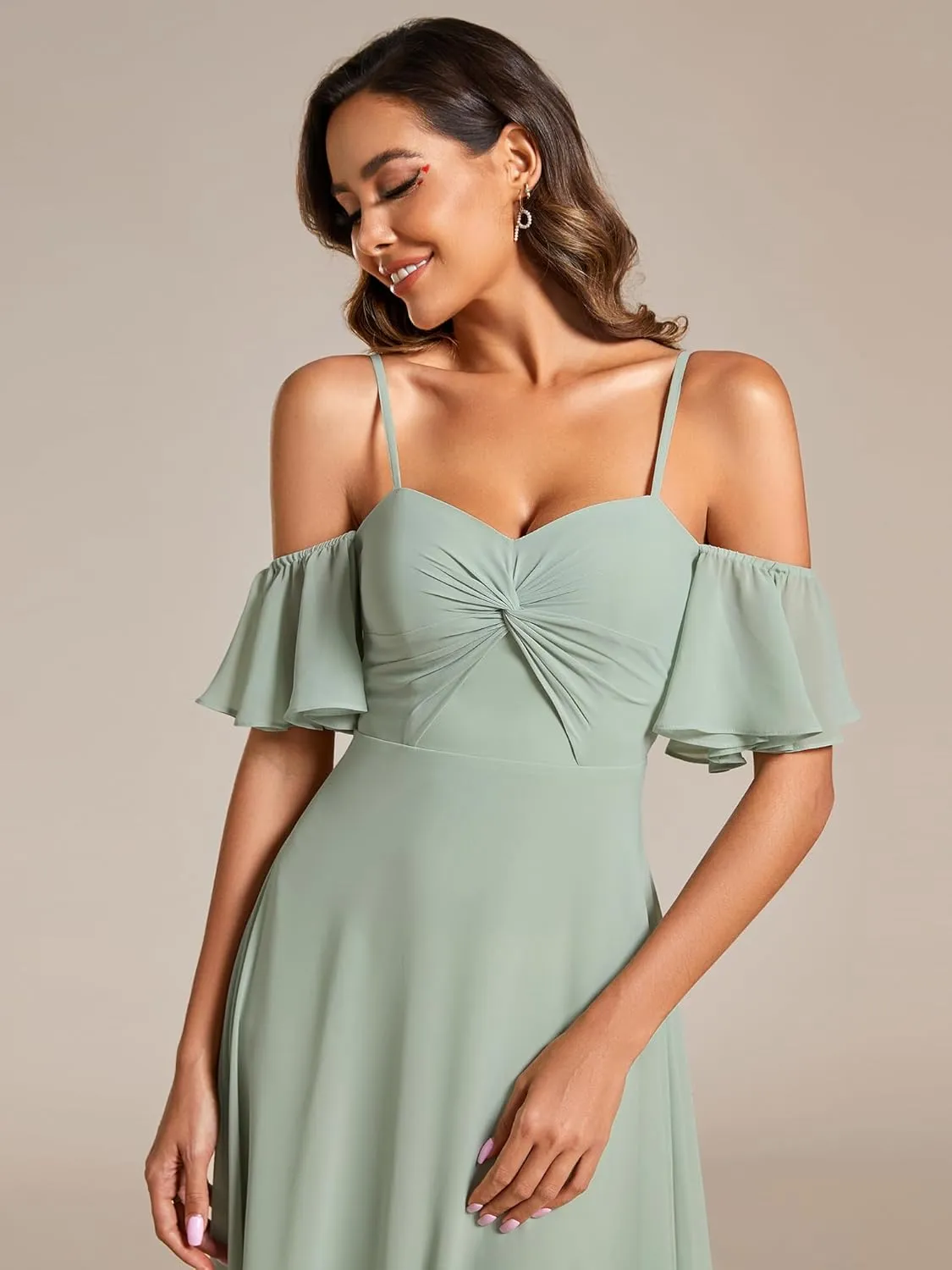 Ever-Pretty Women's Ruffle Sleeve Bridemaid Dress Off Shoulder Pleated A Line Chiffon Long Formal Dress 02013