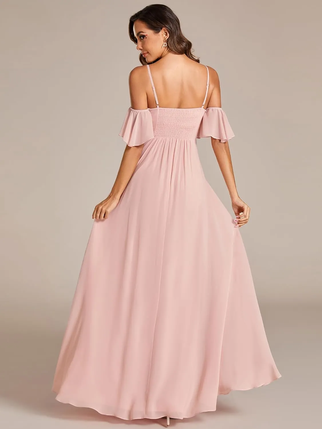 Ever-Pretty Women's Ruffle Sleeve Bridemaid Dress Off Shoulder Pleated A Line Chiffon Long Formal Dress 02013