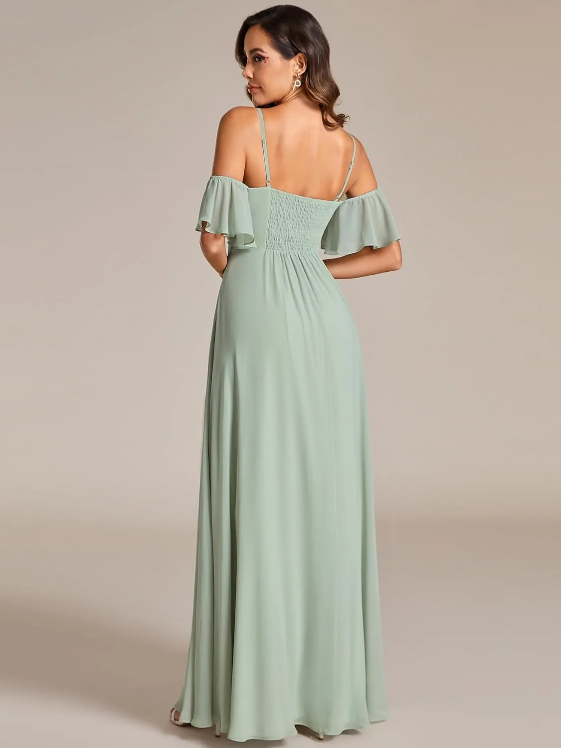 Ever-Pretty Women's Ruffle Sleeve Bridemaid Dress Off Shoulder Pleated A Line Chiffon Long Formal Dress 02013
