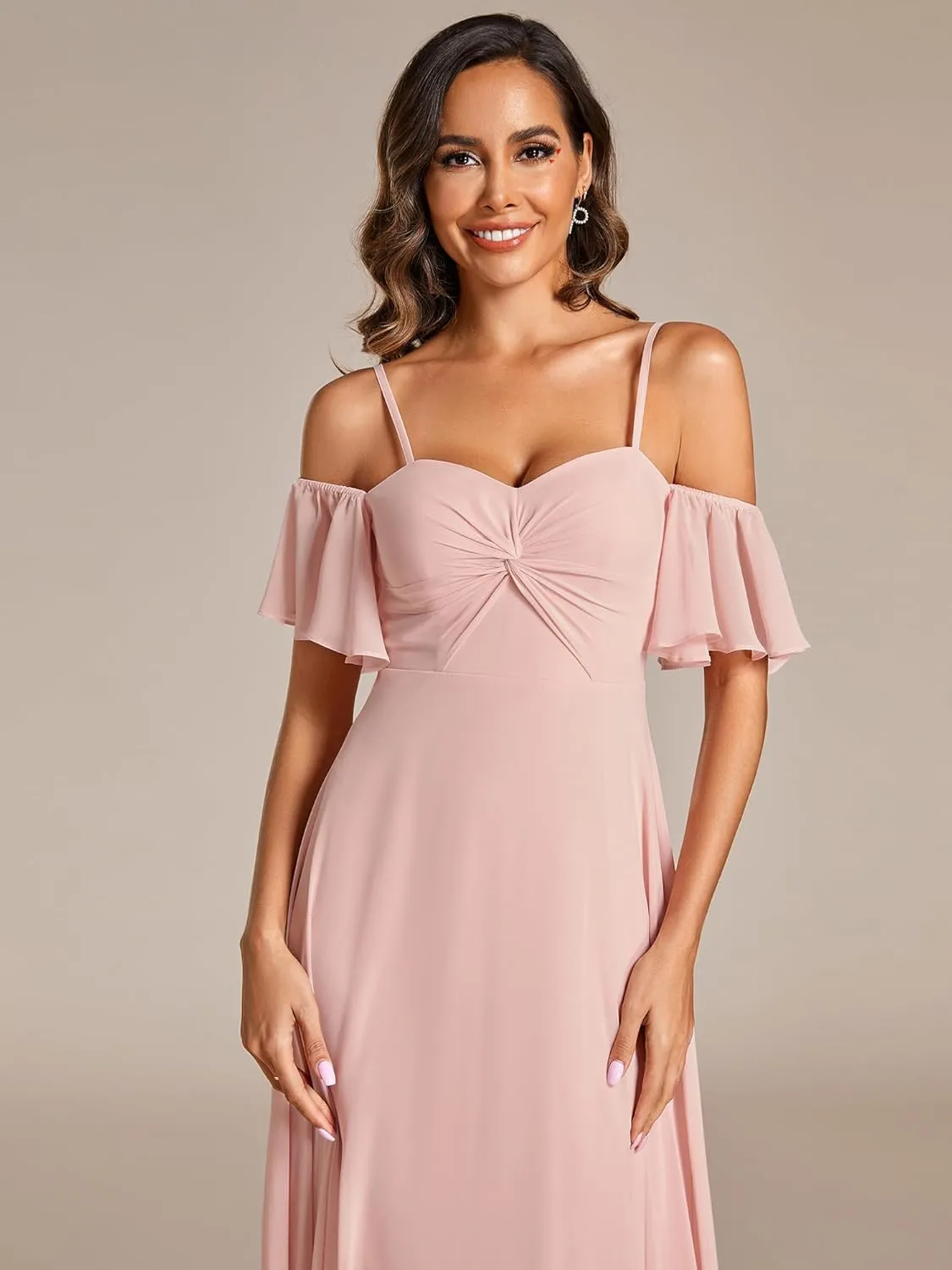 Ever-Pretty Women's Ruffle Sleeve Bridemaid Dress Off Shoulder Pleated A Line Chiffon Long Formal Dress 02013