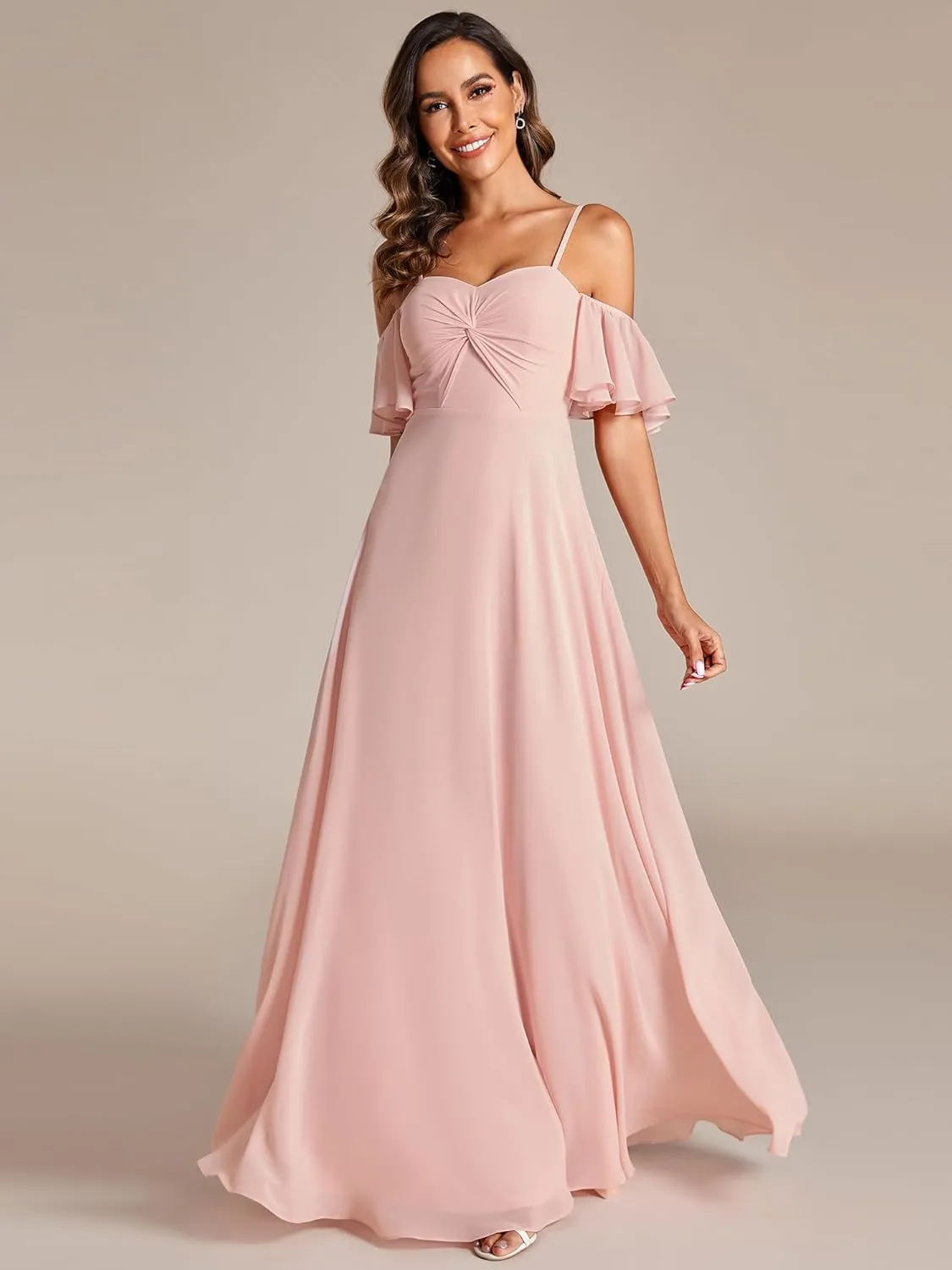 Ever-Pretty Women's Ruffle Sleeve Bridemaid Dress Off Shoulder Pleated A Line Chiffon Long Formal Dress 02013