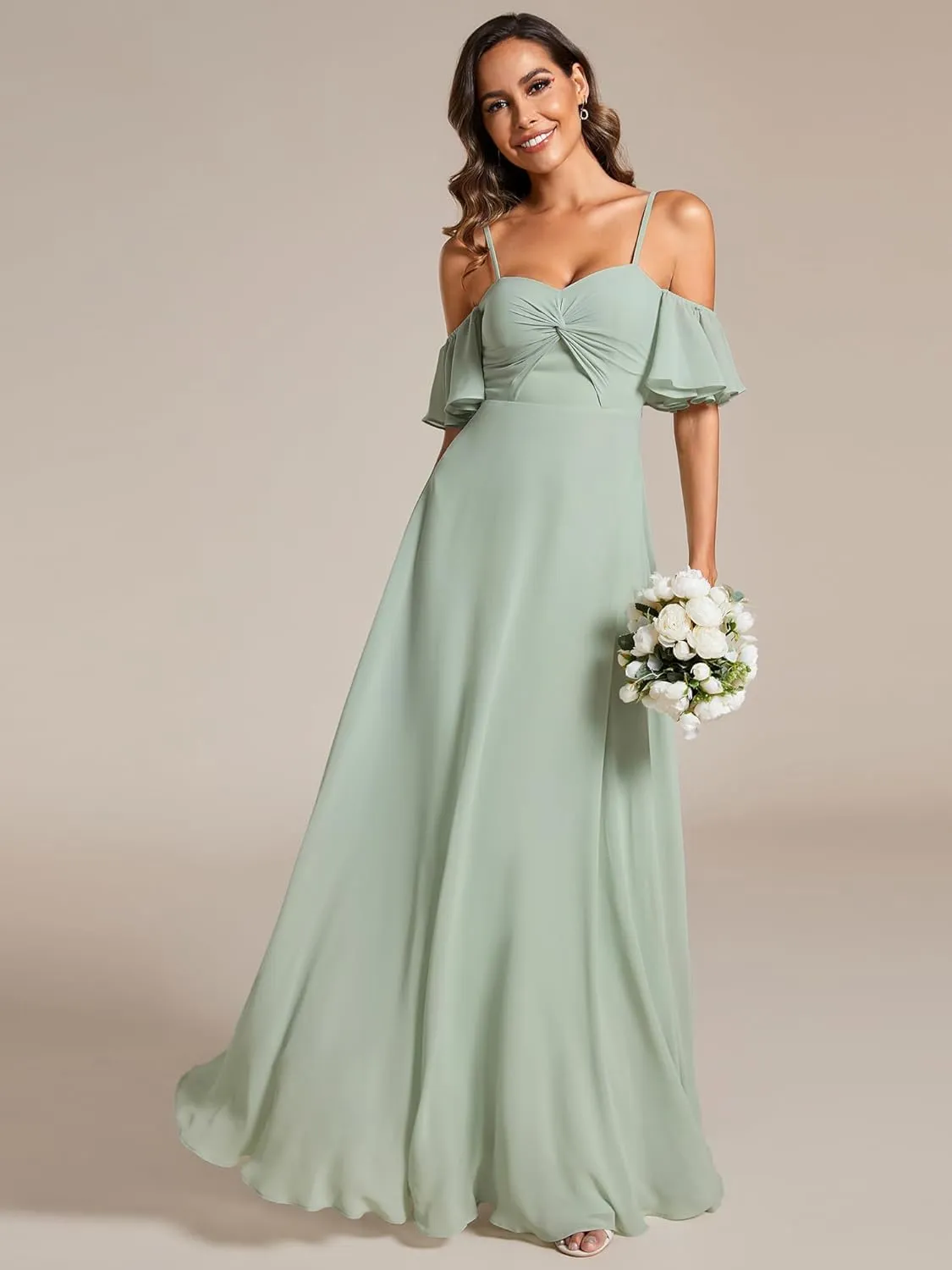Ever-Pretty Women's Ruffle Sleeve Bridemaid Dress Off Shoulder Pleated A Line Chiffon Long Formal Dress 02013