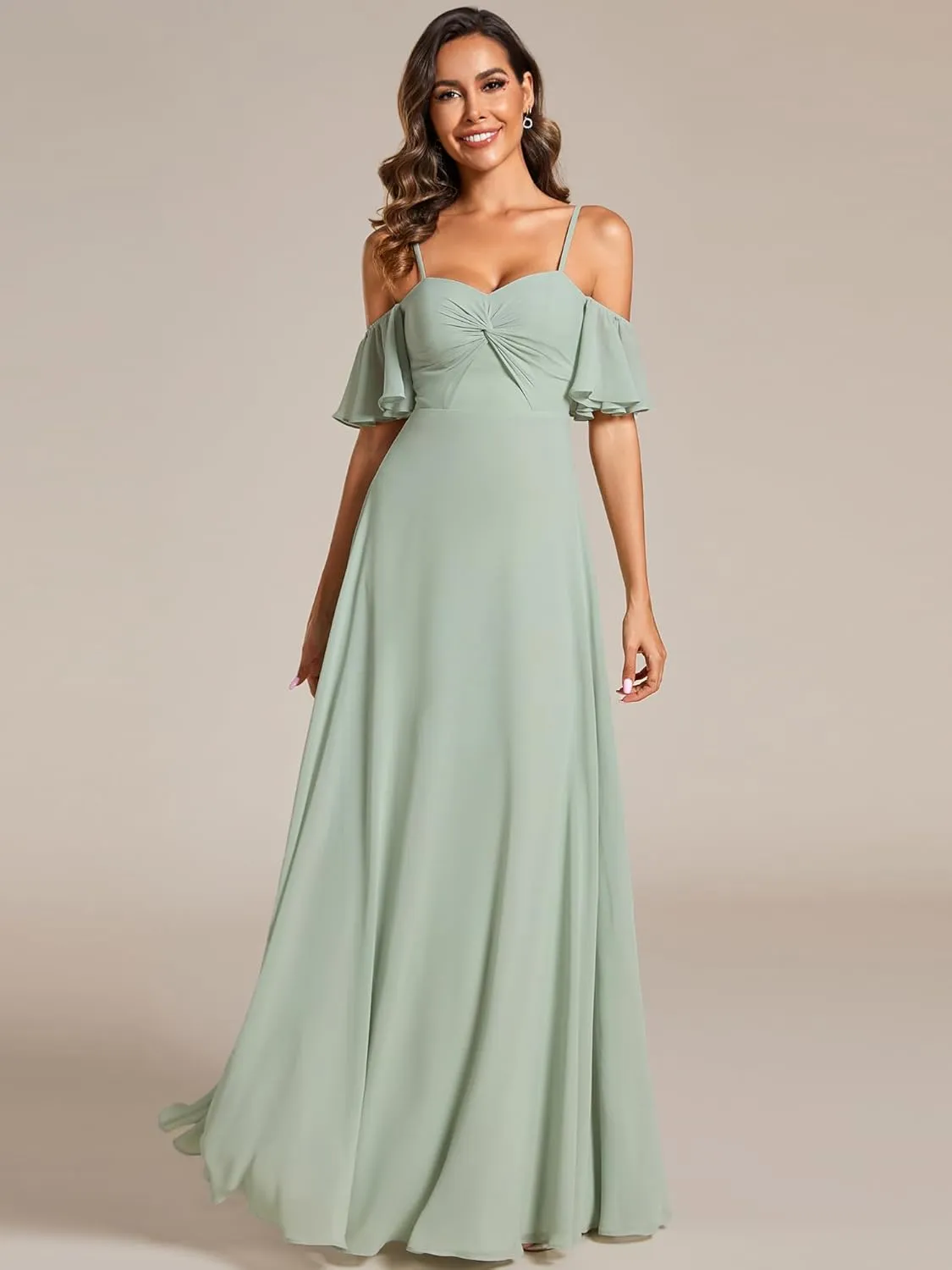Ever-Pretty Women's Ruffle Sleeve Bridemaid Dress Off Shoulder Pleated A Line Chiffon Long Formal Dress 02013