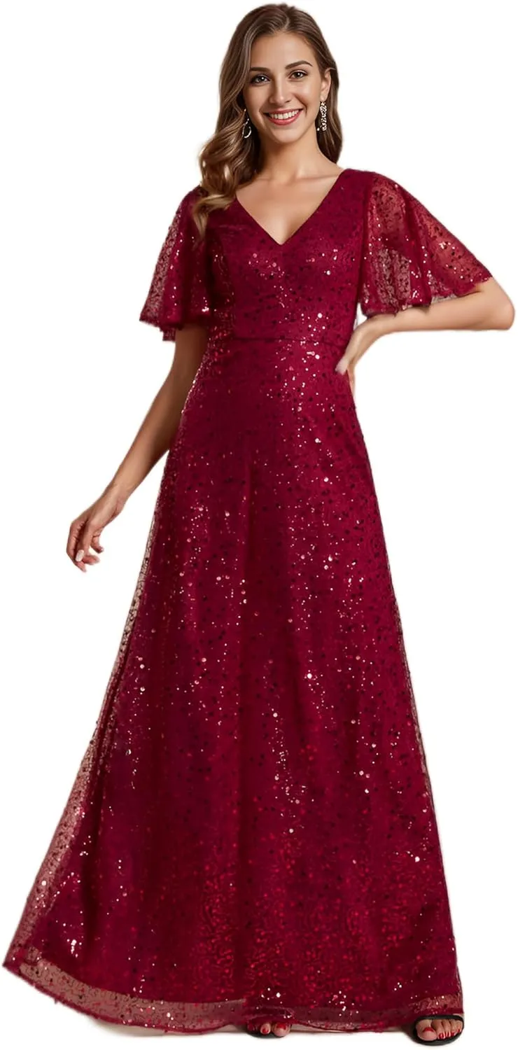 Ever-Pretty Women's Sequin A-Line V Neck Beaded Formal Evening Gowns