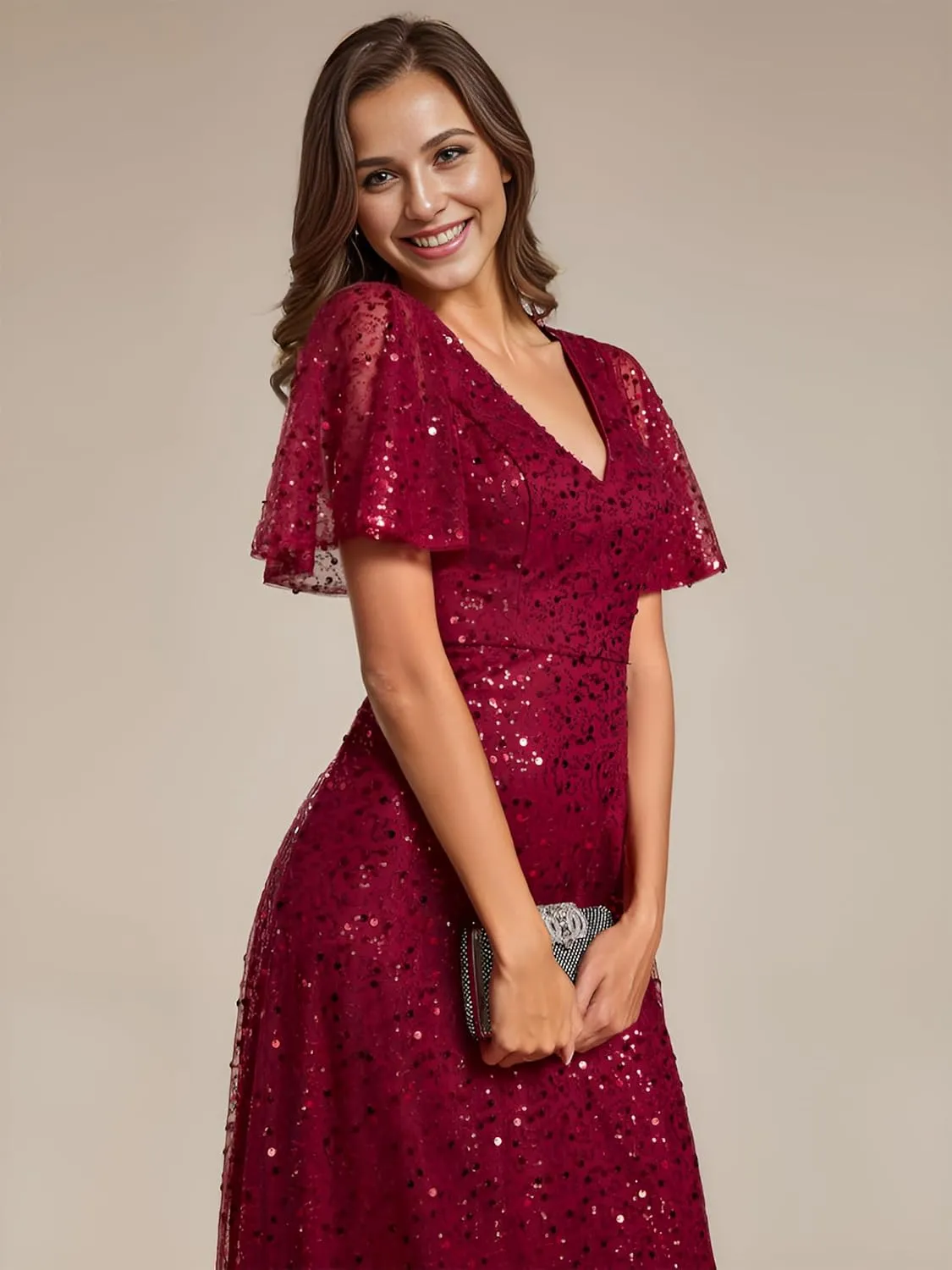 Ever-Pretty Women's Sequin A-Line V Neck Beaded Formal Evening Gowns