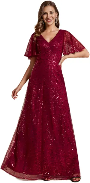 Ever-Pretty Women's Sequin A-Line V Neck Beaded Formal Evening Gowns