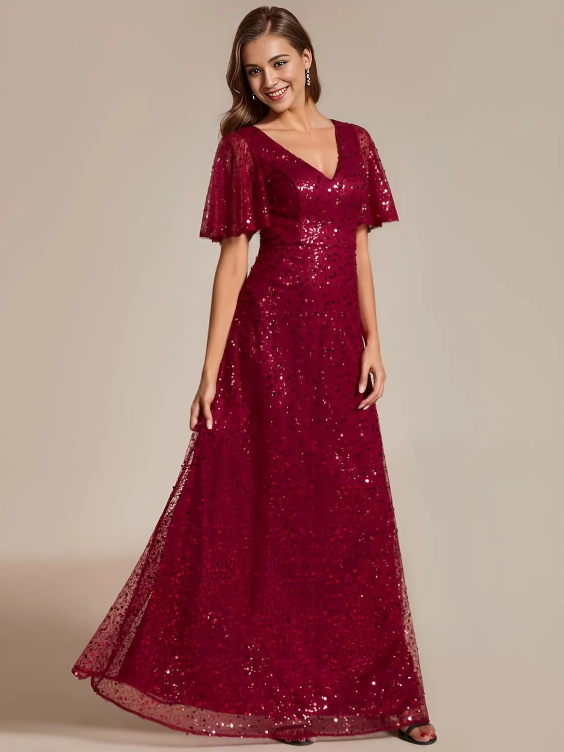 Ever-Pretty Women's Sequin A-Line V Neck Beaded Formal Evening Gowns