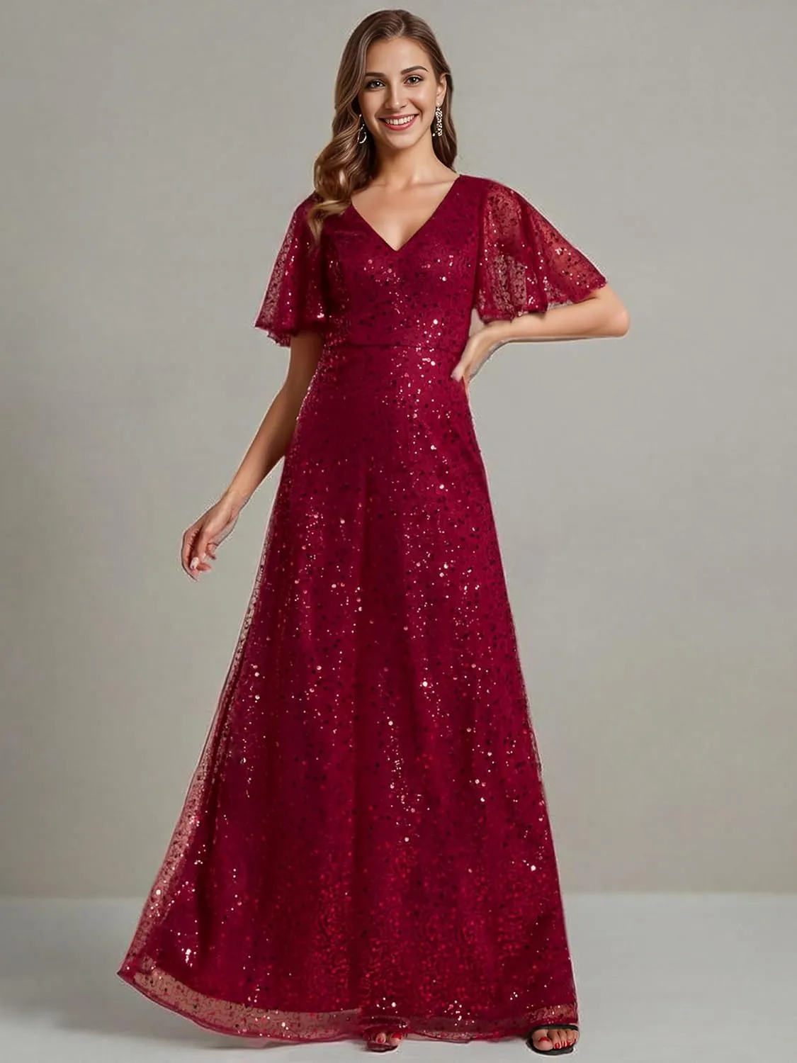 Ever-Pretty Women's Sequin A-Line V Neck Beaded Formal Evening Gowns