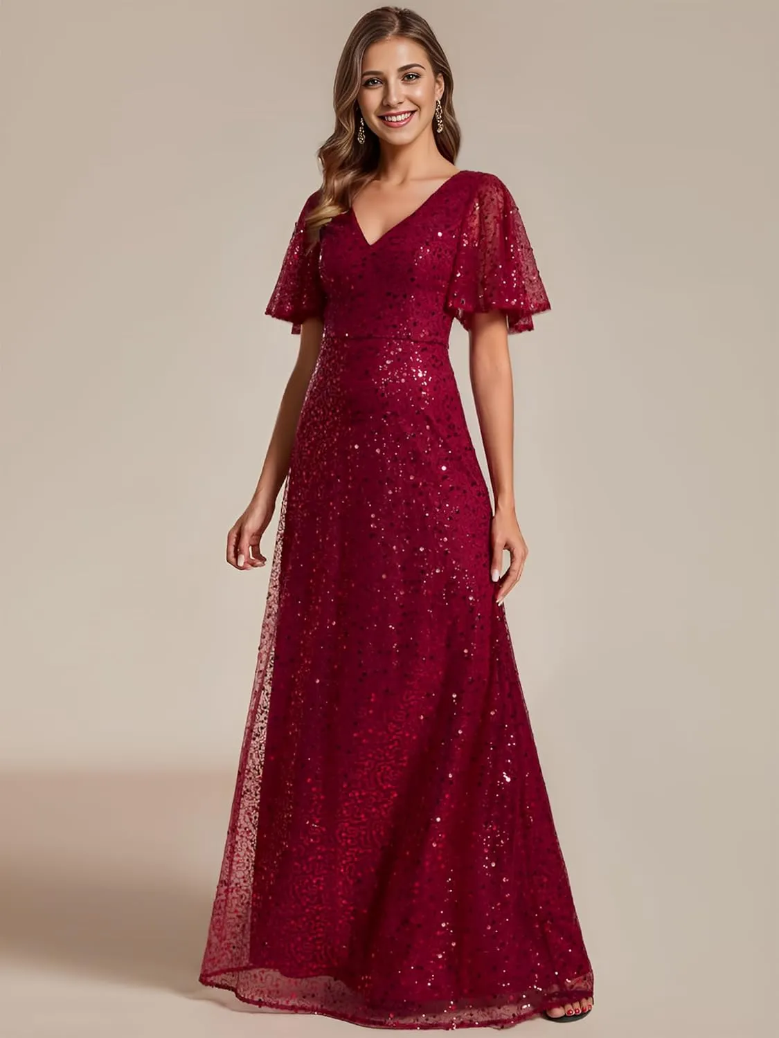 Ever-Pretty Women's Sequin A-Line V Neck Beaded Formal Evening Gowns
