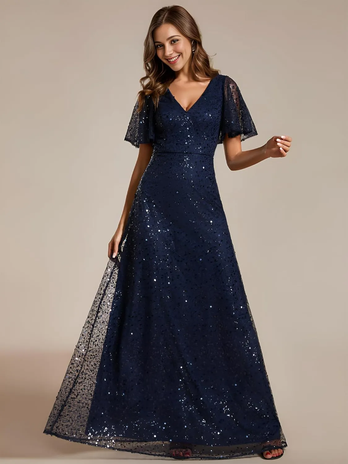 Ever-Pretty Women's Sequin A-Line V Neck Beaded Formal Evening Gowns