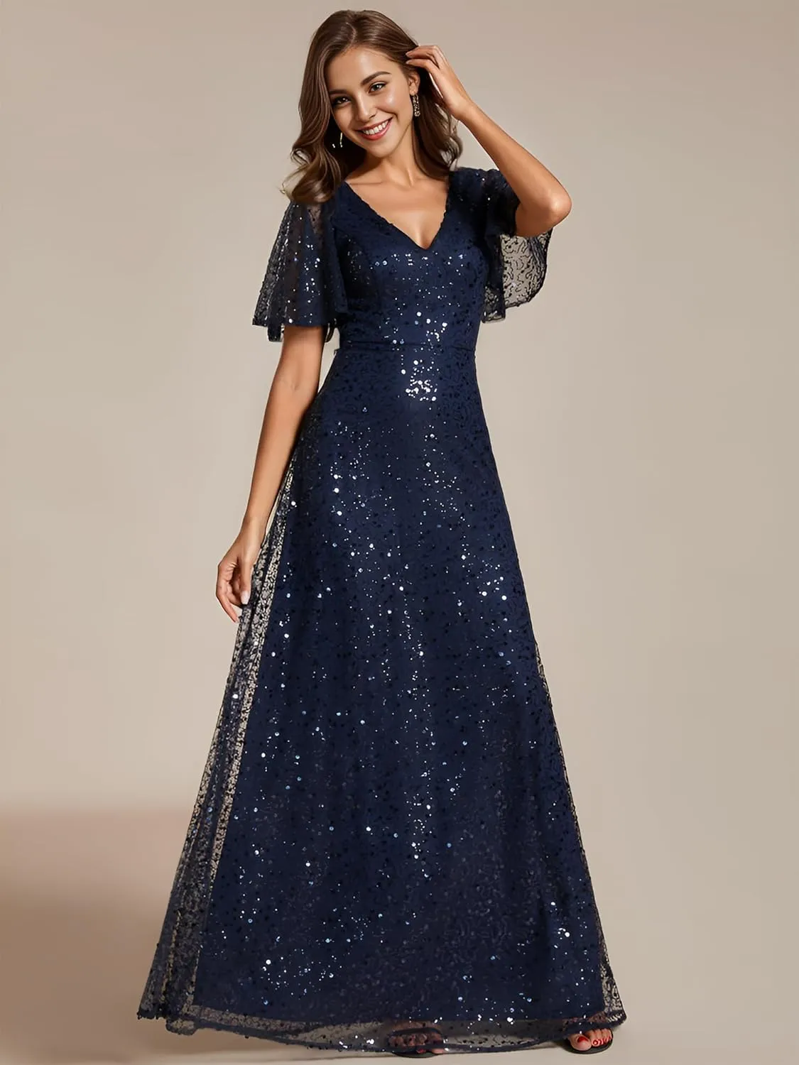 Ever-Pretty Women's Sequin A-Line V Neck Beaded Formal Evening Gowns