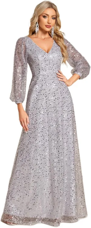 Ever-Pretty Women's Sequin A-Line V Neck Beaded Gown Long Sheer Sleeves Cocktail Evening Gown 01999