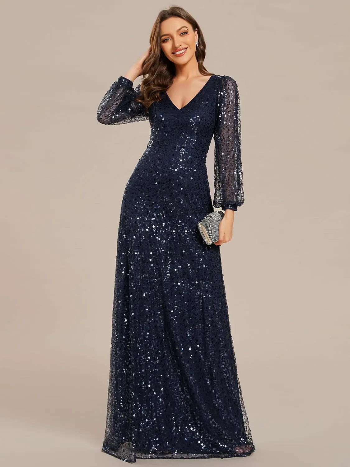 Ever-Pretty Women's Sequin A-Line V Neck Beaded Gown Long Sheer Sleeves Cocktail Evening Gown 01999