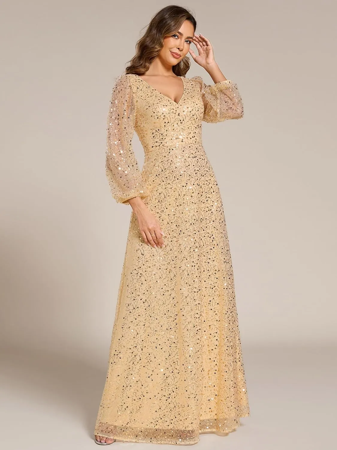 Ever-Pretty Women's Sequin A-Line V Neck Beaded Gown Long Sheer Sleeves Cocktail Evening Gown 01999