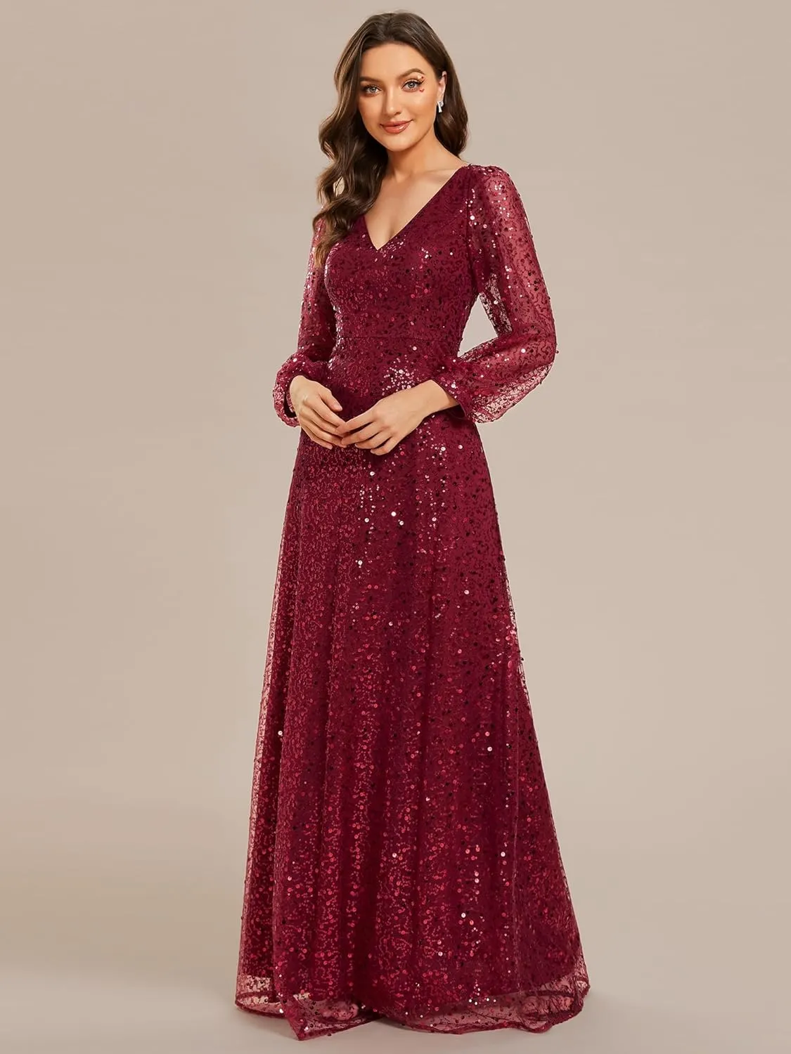 Ever-Pretty Women's Sequin A-Line V Neck Beaded Gown Long Sheer Sleeves Cocktail Evening Gown 01999