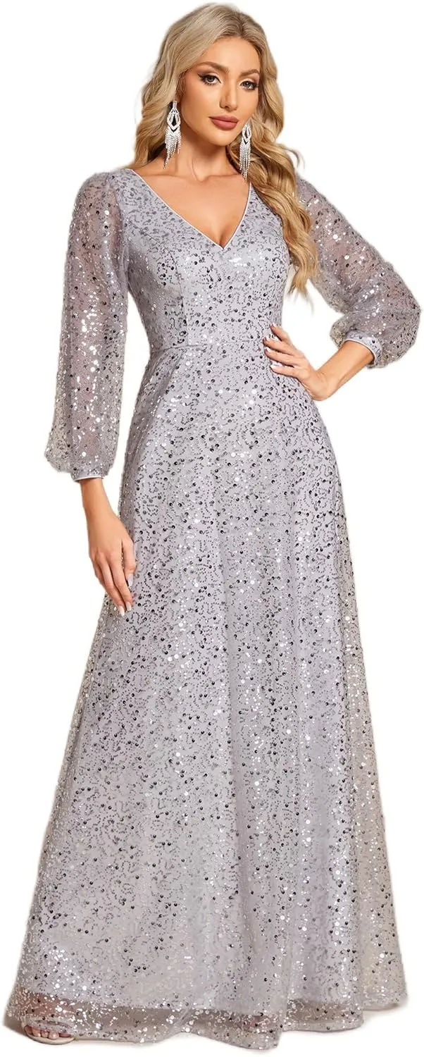 Ever-Pretty Women's Sequin A-Line V Neck Beaded Gown Long Sheer Sleeves Cocktail Evening Gown 01999