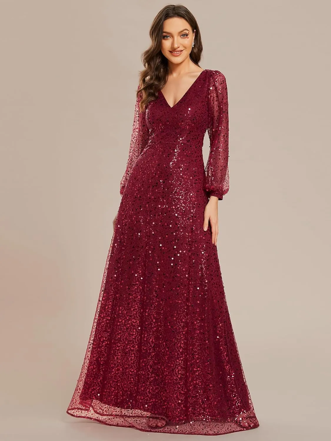 Ever-Pretty Women's Sequin A-Line V Neck Beaded Gown Long Sheer Sleeves Cocktail Evening Gown 01999