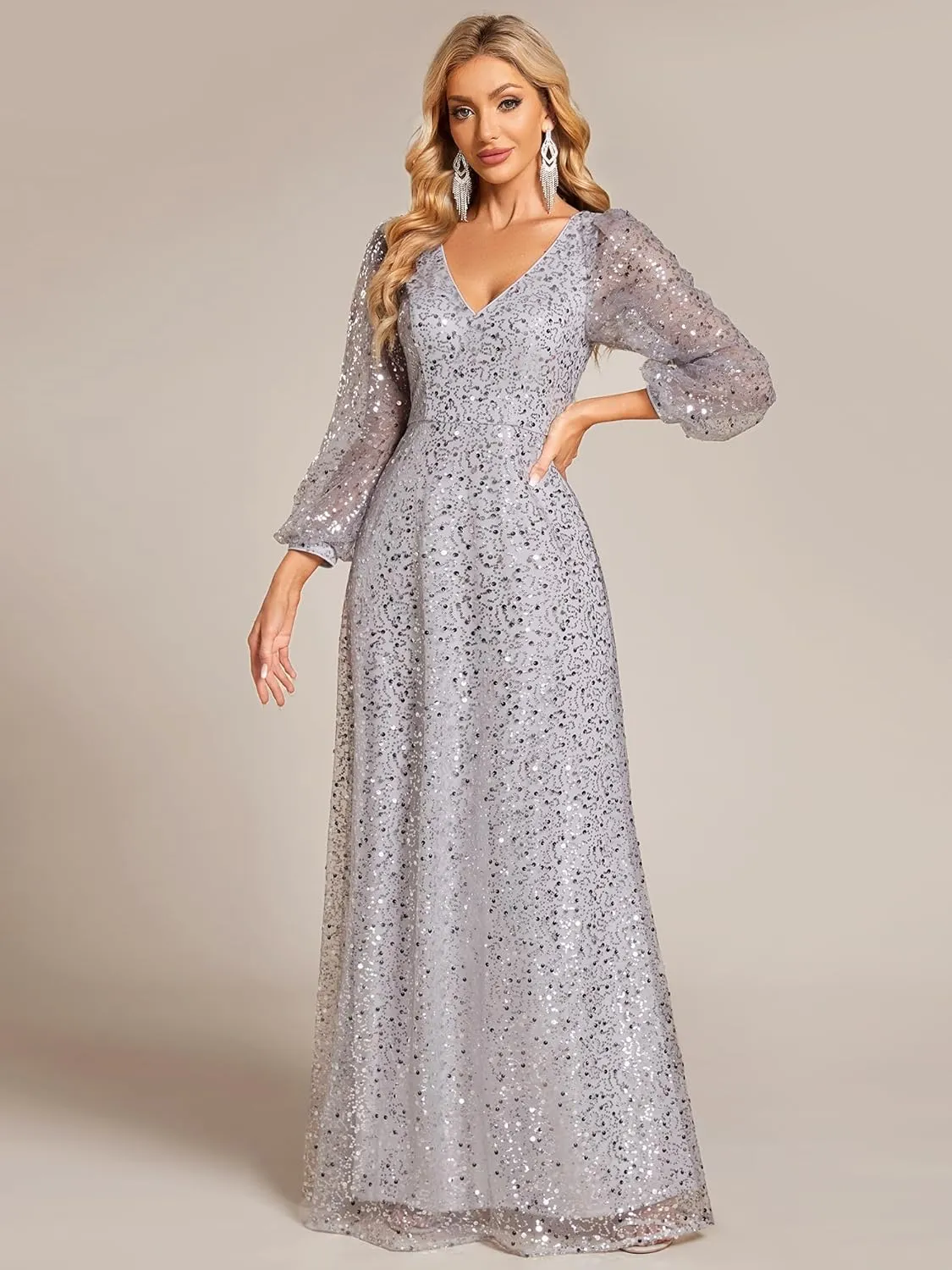 Ever-Pretty Women's Sequin A-Line V Neck Beaded Gown Long Sheer Sleeves Cocktail Evening Gown 01999