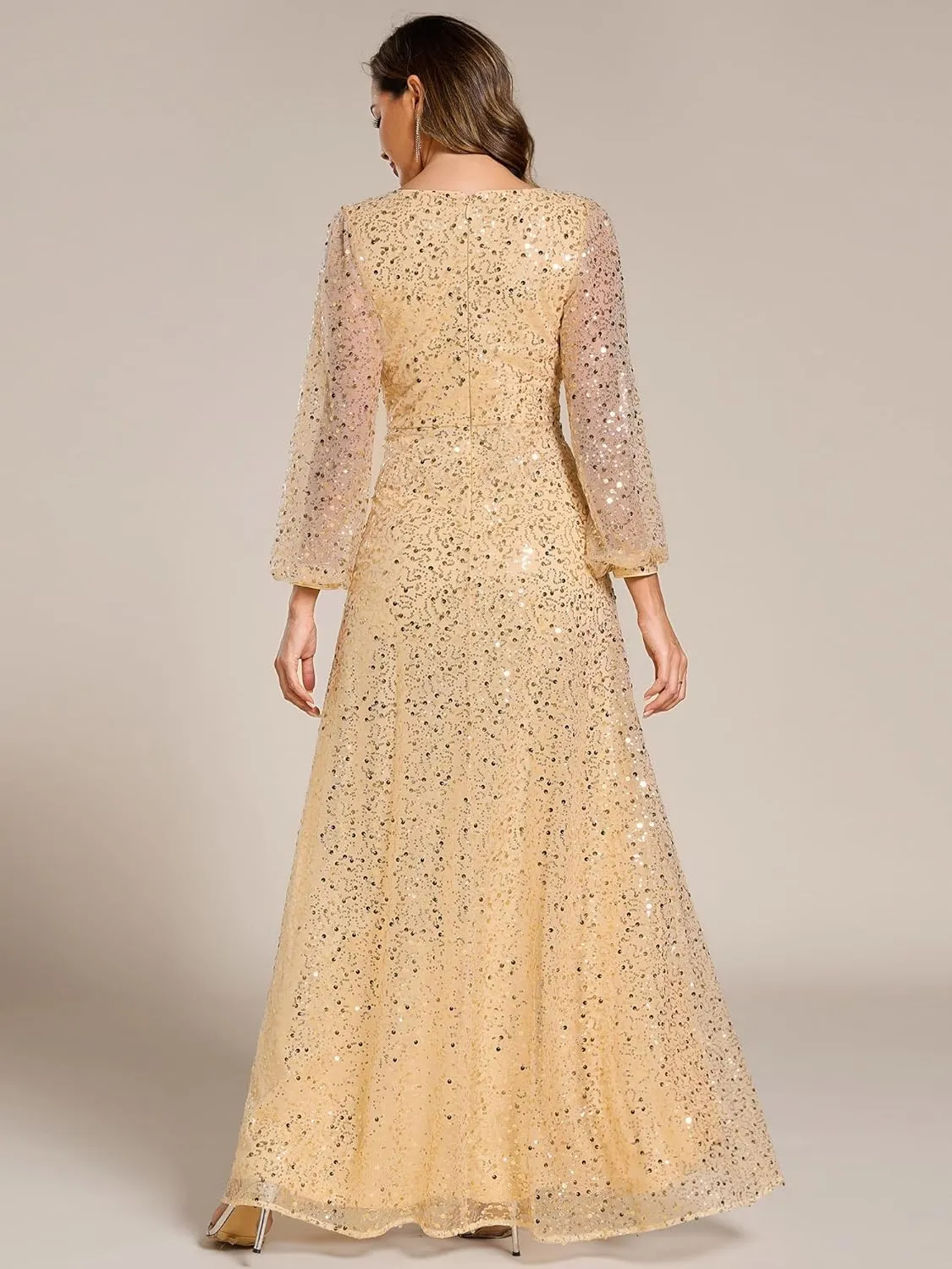 Ever-Pretty Women's Sequin A-Line V Neck Beaded Gown Long Sheer Sleeves Cocktail Evening Gown 01999