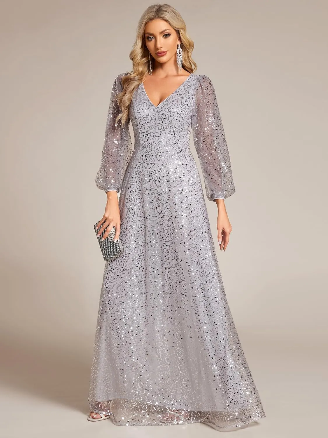 Ever-Pretty Women's Sequin A-Line V Neck Beaded Gown Long Sheer Sleeves Cocktail Evening Gown 01999