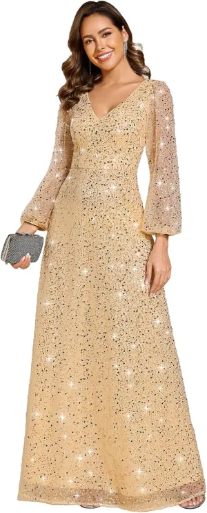 Ever-Pretty Women's Sequin A-Line V Neck Beaded Gown Long Sheer Sleeves Cocktail Evening Gown 01999
