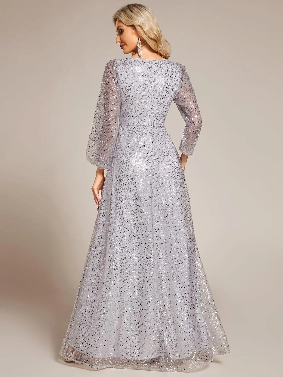 Ever-Pretty Women's Sequin A-Line V Neck Beaded Gown Long Sheer Sleeves Cocktail Evening Gown 01999