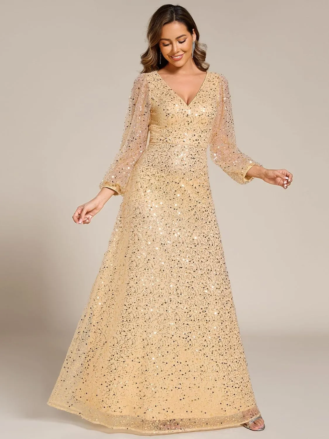 Ever-Pretty Women's Sequin A-Line V Neck Beaded Gown Long Sheer Sleeves Cocktail Evening Gown 01999