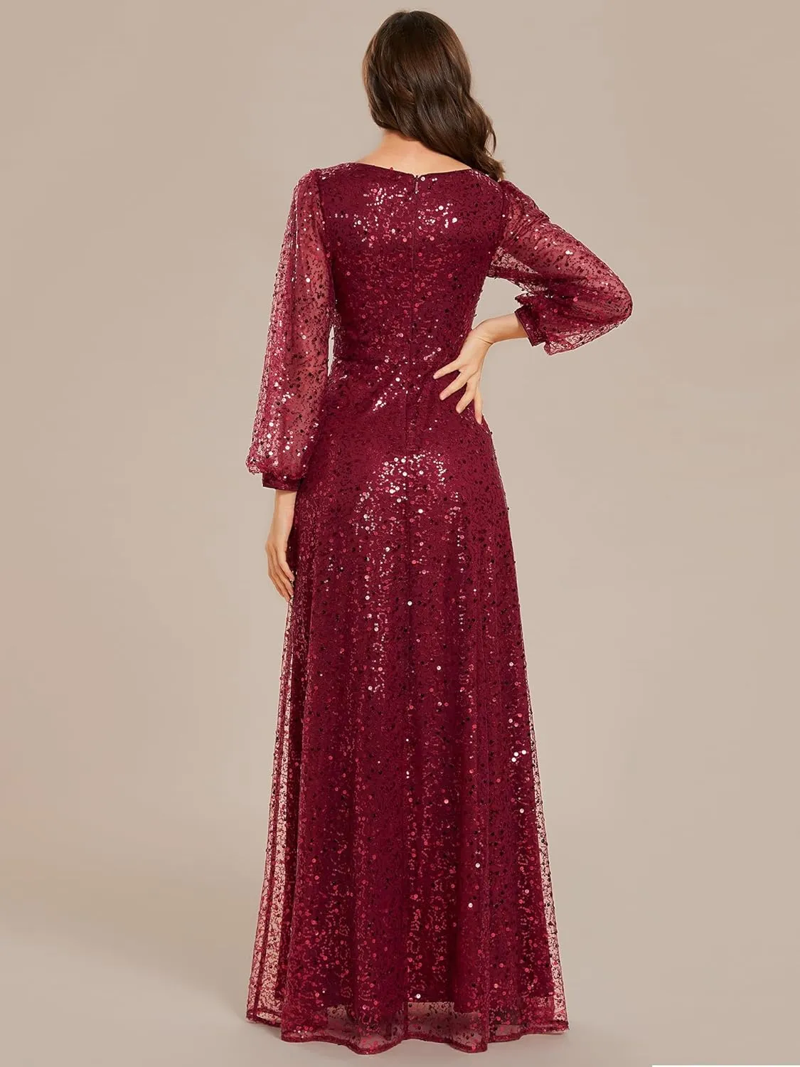 Ever-Pretty Women's Sequin A-Line V Neck Beaded Gown Long Sheer Sleeves Cocktail Evening Gown 01999