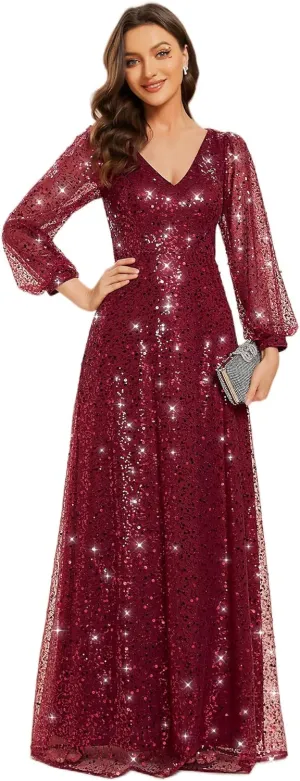 Ever-Pretty Women's Sequin A-Line V Neck Beaded Gown Long Sheer Sleeves Cocktail Evening Gown 01999