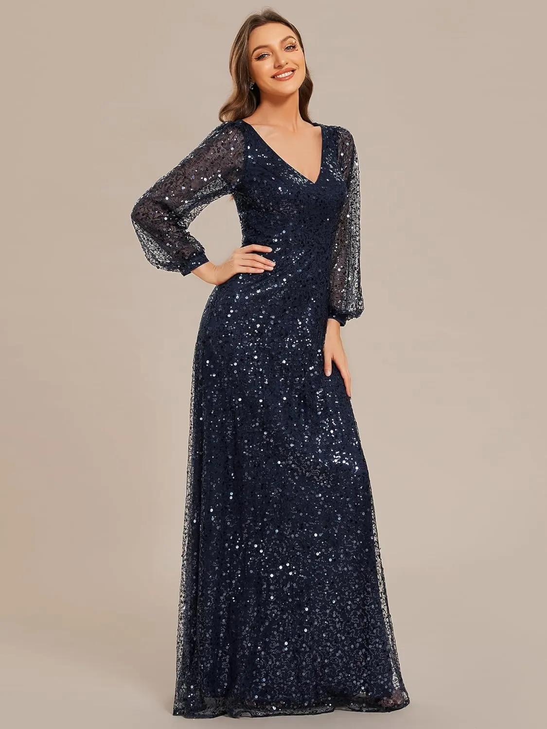 Ever-Pretty Women's Sequin A-Line V Neck Beaded Gown Long Sheer Sleeves Cocktail Evening Gown 01999