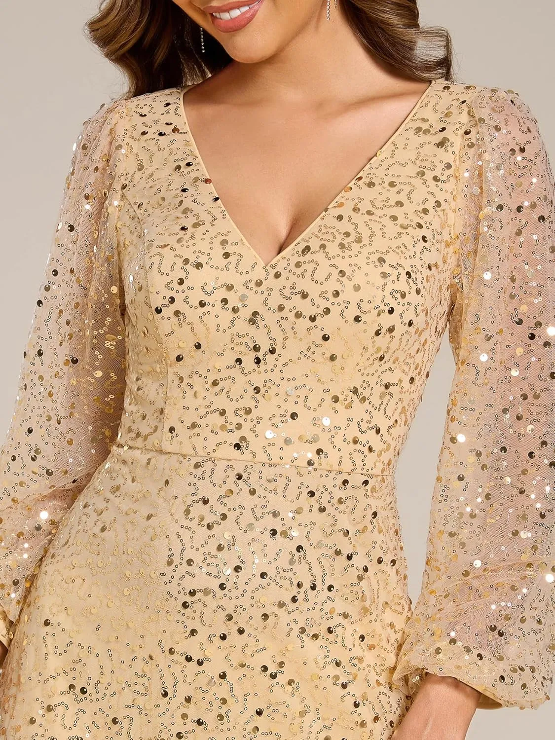 Ever-Pretty Women's Sequin A-Line V Neck Beaded Gown Long Sheer Sleeves Cocktail Evening Gown 01999