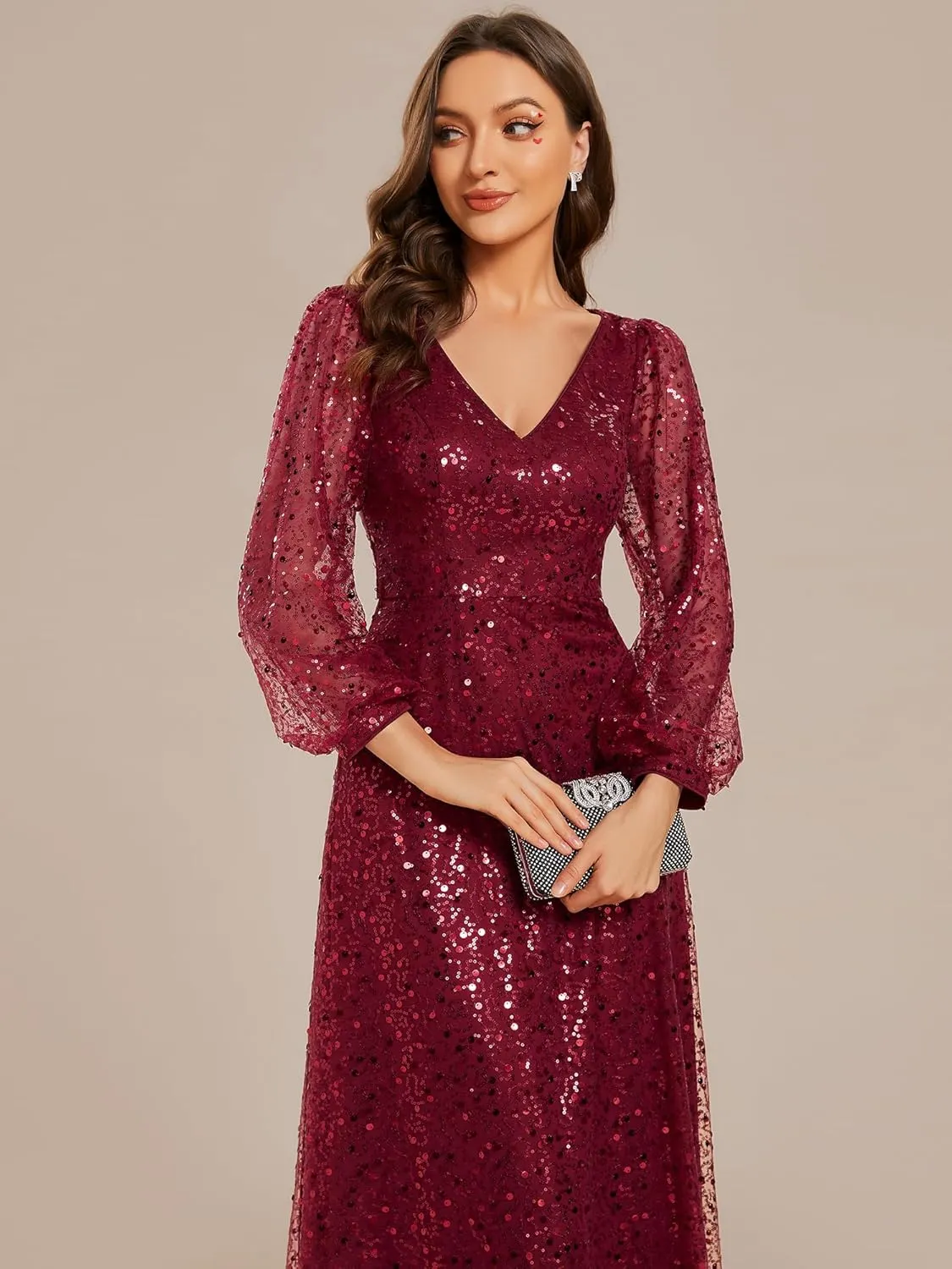 Ever-Pretty Women's Sequin A-Line V Neck Beaded Gown Long Sheer Sleeves Cocktail Evening Gown 01999