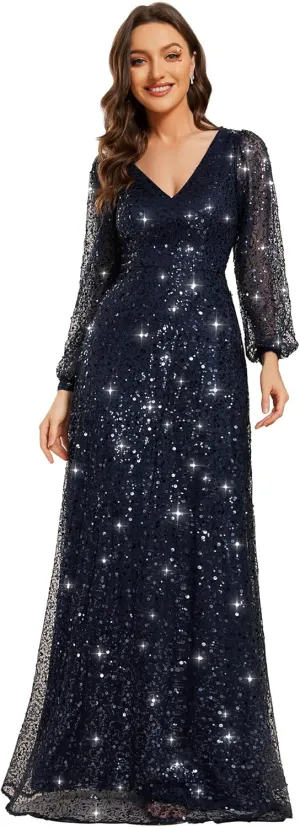 Ever-Pretty Women's Sequin A-Line V Neck Beaded Gown Long Sheer Sleeves Cocktail Evening Gown 01999