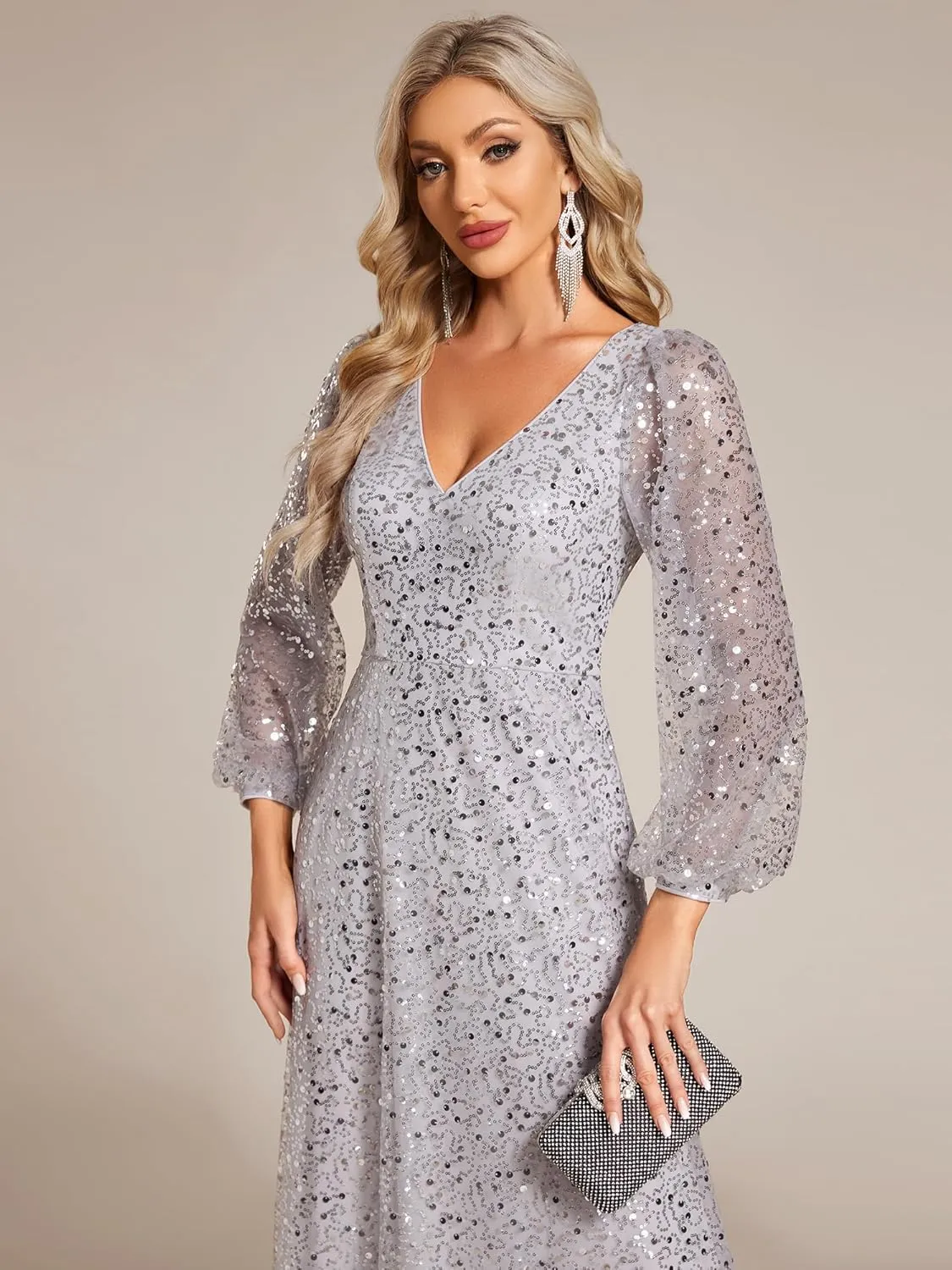 Ever-Pretty Women's Sequin A-Line V Neck Beaded Gown Long Sheer Sleeves Cocktail Evening Gown 01999